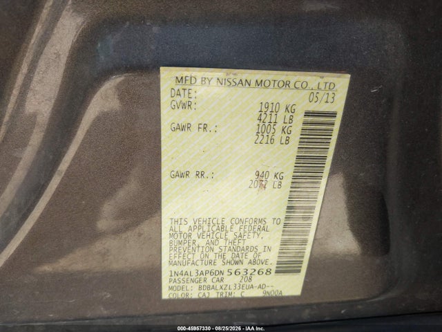 Продажа на аукционе авто 2013 Nissan Altima 2.5 Sl, vin: 1N4AL3AP6DN563268, номер лота: 45957330