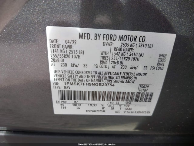 1FMSK7FH9NGB20754 Ford Explorer Limited