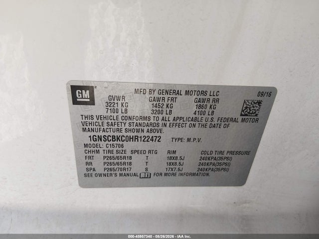 Aukcja sprzedaży 2017 Chevrolet Tahoe Lt, vin: 1GNSCBKC0HR122472, numer aukcji: 45957340