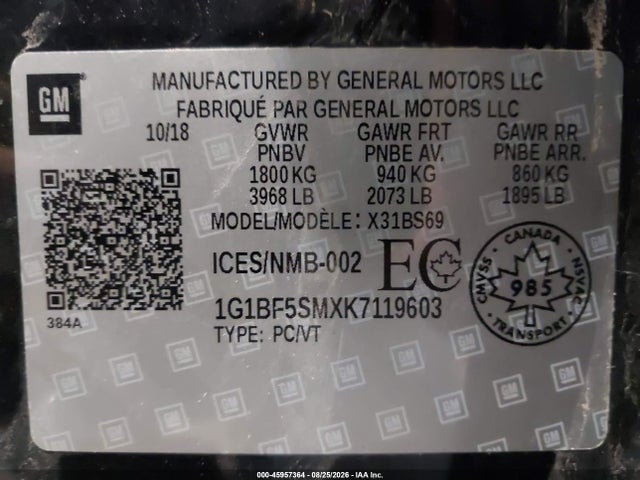 Auction sale of the 2019 Chevrolet Cruze Premier, vin: 1G1BF5SMXK7119603, lot number: 45957364