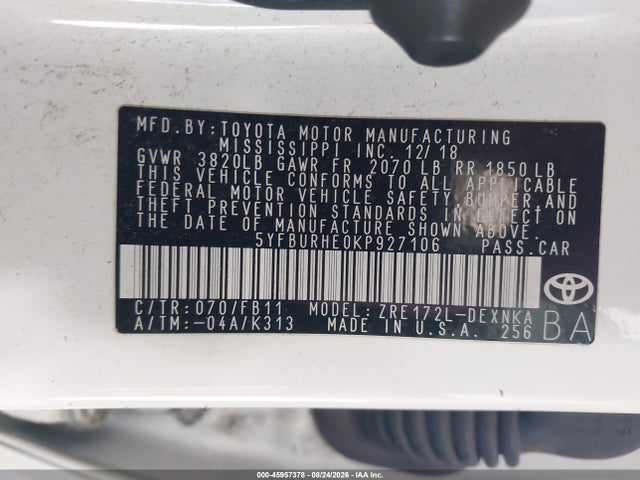 45957378 :رقم المزاد ، 5YFBURHE0KP927106 vin ، 2019 Toyota Corolla Le مزاد بيع