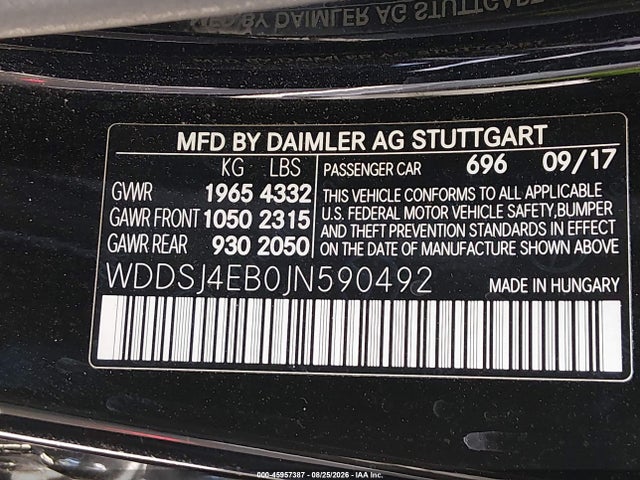 Aukcja sprzedaży 2018 Mercedes-benz Cla 250, vin: WDDSJ4EB0JN590492, numer aukcji: 45957387