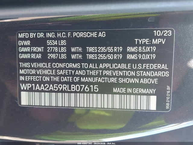 45957393 :رقم المزاد ، WP1AA2A59RLB07615 vin ، 2024 Porsche Macan T مزاد بيع