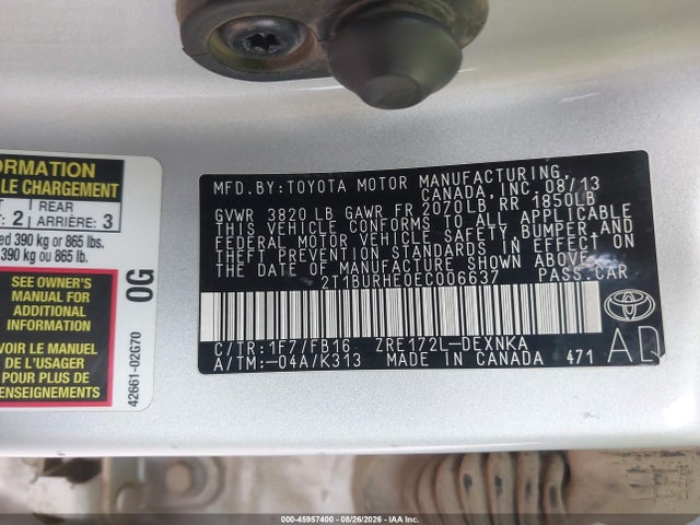Toyota COROLLA LE 2014 2T1BURHE0EC006637 Image 9