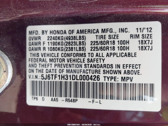 45957401 :رقم المزاد ، 5J6TF1H31DL000426 vin ، 2013 Honda Crosstour Ex V6 مزاد بيع