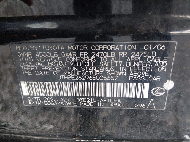 45957403 :رقم المزاد ، JTHBE262965005657 vin ، 2006 Lexus Is 350 مزاد بيع