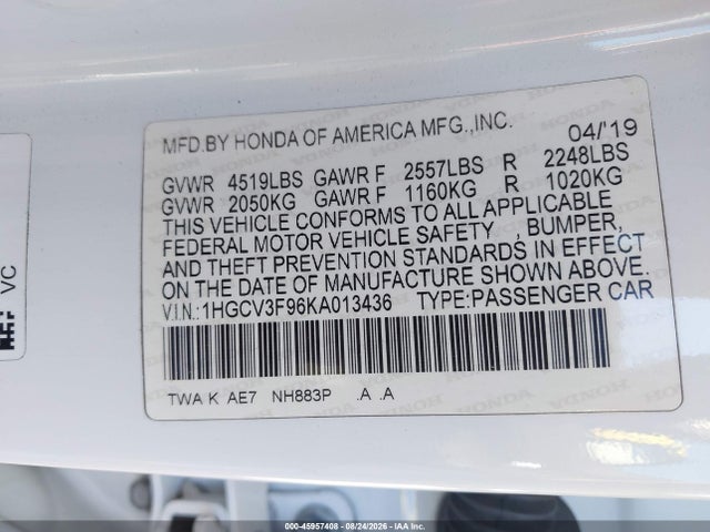 1HGCV3F96KA013436 Honda Accord Hybrid Touring
