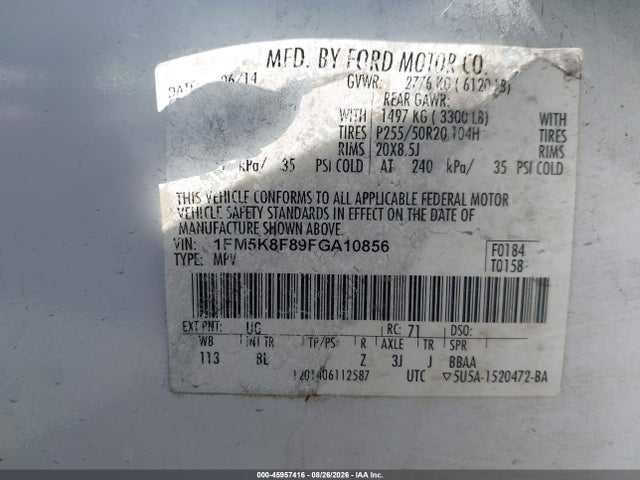 Ford Explorer Limited 2015 1FM5K8F89FGA10856 Image 9