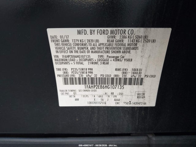 Aukcja sprzedaży 2017 Ford Taurus Sel, vin: 1FAHP2E86HG107135, numer aukcji: 45957417