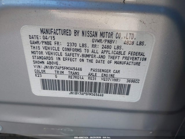 45957424 :رقم المزاد ، JN1BV7AP5FM345446 vin ، 2015 Infiniti Q50 مزاد بيع