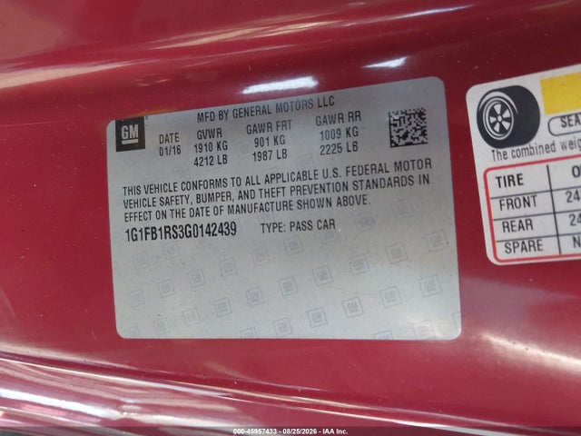 2016 Chevrolet Camaro 1lt მანქანა იყიდება აუქციონზე, vin: 1G1FB1RS3G0142439, აუქციონის ნომერი: 45957433