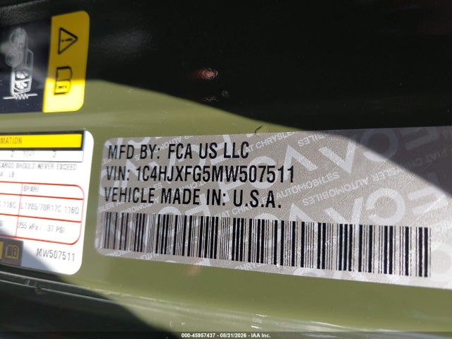 Aukcja sprzedaży 2021 Jeep Wrangler Unlimited Rubicon 4x4, vin: 1C4HJXFG5MW507511, numer aukcji: 45957437