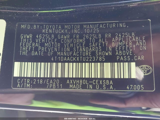 45957443 :رقم المزاد ، 4T1DAACKXTU223785 vin ، 2026 Toyota Camry Nightshade مزاد بيع