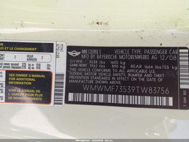 Продаж на аукціоні авто 2009 Mini Cooper S, vin: WMWMF73539TW83756, номер лоту: 45957447