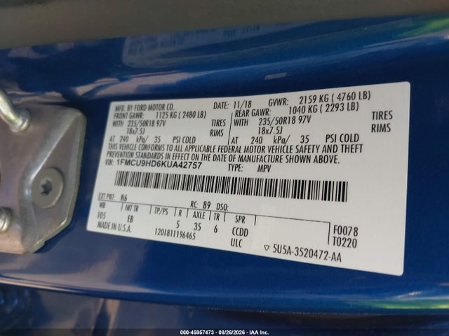 Продаж на аукціоні авто 2019 Ford Escape Sel, vin: 1FMCU9HD6KUA42757, номер лоту: 45957473