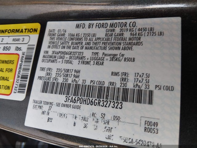 Продажа на аукционе авто 2016 Ford Fusion Se, vin: 3FA6P0HD6GR327323, номер лота: 45957476