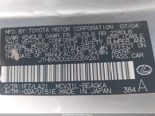 45957489 :رقم المزاد ، JTHBA30G655059261 vin ، 2005 Lexus Es 330 مزاد بيع