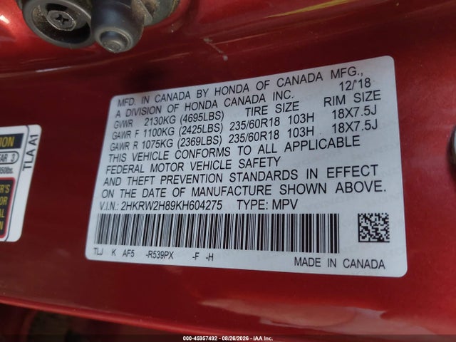Honda Cr-v Ex-l 2019 2HKRW2H89KH604275 Image 9