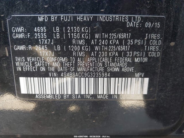 45957496 :رقم المزاد ، 4S4BSACC9G3235984 vin ، 2016 Subaru Outback 2.5i Premium مزاد بيع