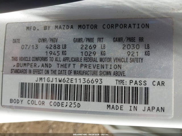 Aukcja sprzedaży 2014 Mazda Mazda6 I Grand Touring, vin: JM1GJ1W62E1136693, numer aukcji: 45957498