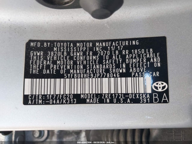 Продаж на аукціоні авто 2018 Toyota Corolla Se, vin: 5YFBURHE9JP778046, номер лоту: 45957506
