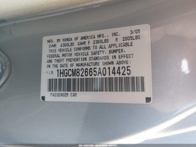 Aukcja sprzedaży 2005 Honda Accord 3.0 Ex, vin: 1HGCM82665A014425, numer aukcji: 45957509
