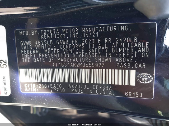 Продаж на аукціоні авто 2021 Toyota Camry Se Hybrid, vin: 4T1G31AK2MU559927, номер лоту: 45957517