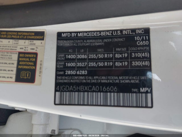 45957525 :رقم المزاد ، 4JGDA5HBXCA016606 vin ، 2012 Mercedes-benz Ml 350 4matic مزاد بيع