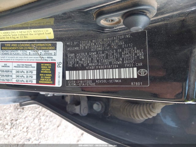 45957537 :رقم المزاد ، 4T4BF1FK8CR187394 vin ، 2012 Toyota Camry Le مزاد بيع