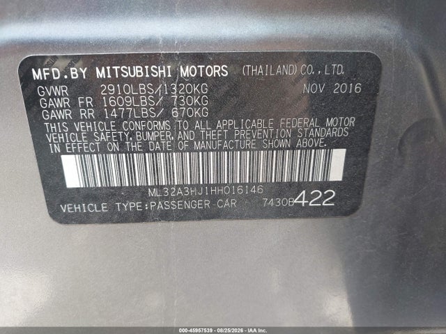 2017 Mitsubishi Mirage Es მანქანა იყიდება აუქციონზე, vin: ML32A3HJ1HH016146, აუქციონის ნომერი: 45957539