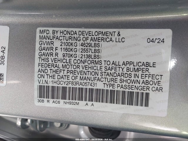Aukcja sprzedaży 2024 Honda Accord Hybrid Touring, vin: 1HGCY2F83RA057431, numer aukcji: 45957547