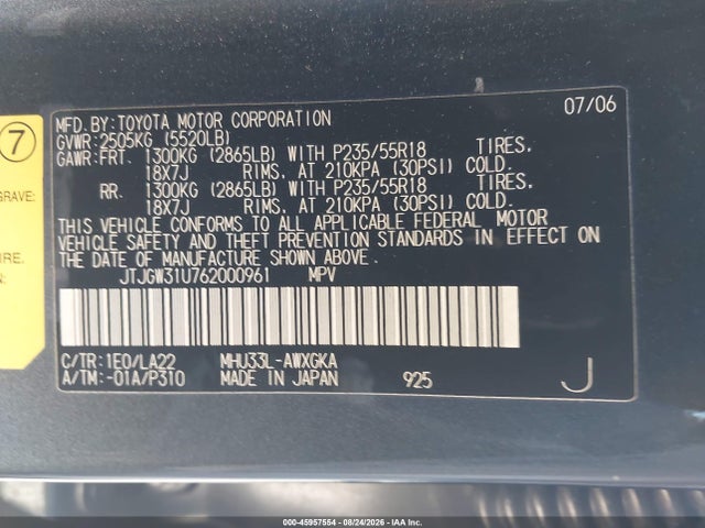 Aukcja sprzedaży 2006 Lexus Rx 400h, vin: JTJGW31U762000961, numer aukcji: 45957554