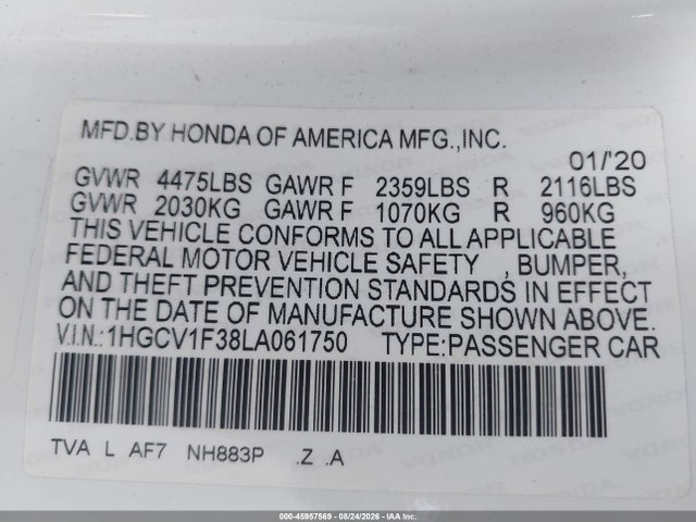 45957569 :رقم المزاد ، 1HGCV1F38LA061750 vin ، 2020 Honda Accord Sport مزاد بيع
