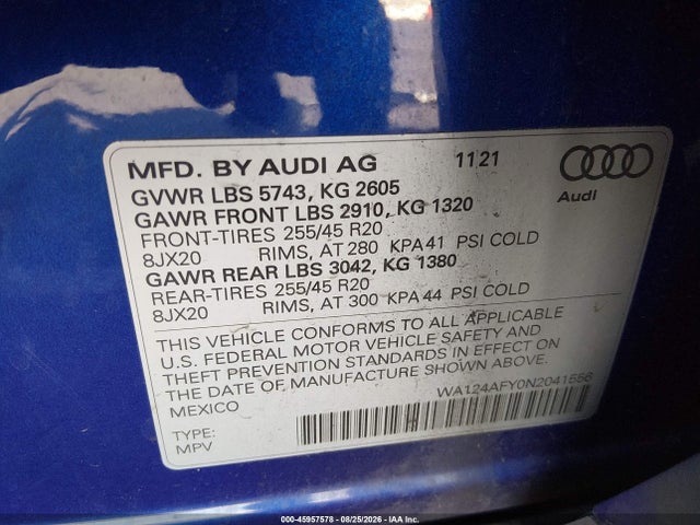 Продаж на аукціоні авто 2022 Audi Sq5 Sportback Premium Plus Tfsi Quattro Tiptronic, vin: WA124AFY0N2041556, номер лоту: 45957578