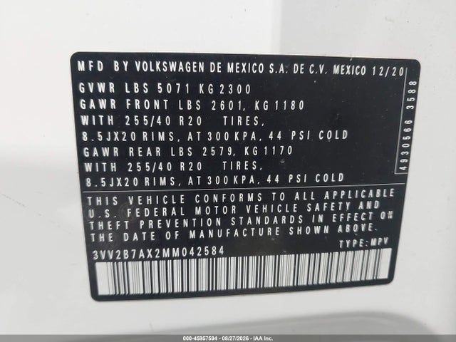 Aukcja sprzedaży 2021 Volkswagen Tiguan 2.0t Se/2.0t Se R-line Black/2.0t Sel, vin: 3VV2B7AX2MM042584, numer aukcji: 45957594