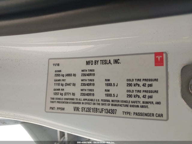 Aukcja sprzedaży 2018 Tesla Model 3 Long Range/performance, vin: 5YJ3E1EB1JF134307, numer aukcji: 45957606