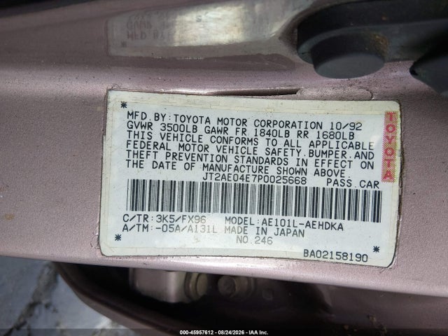 Aukcja sprzedaży 1993 Toyota Corolla, vin: JT2AE04E7P0025668, numer aukcji: 45957612