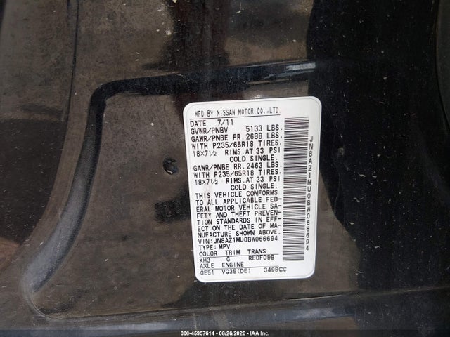 Продаж на аукціоні авто 2011 Nissan Murano Sl, vin: JN8AZ1MU0BW066694, номер лоту: 45957614