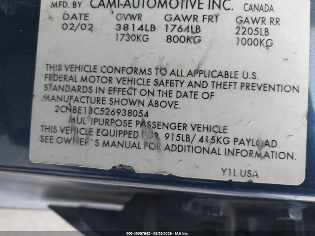 2002 Chevrolet Tracker Hard Top Base მანქანა იყიდება აუქციონზე, vin: 2CNBE13C526938054, აუქციონის ნომერი: 45957642