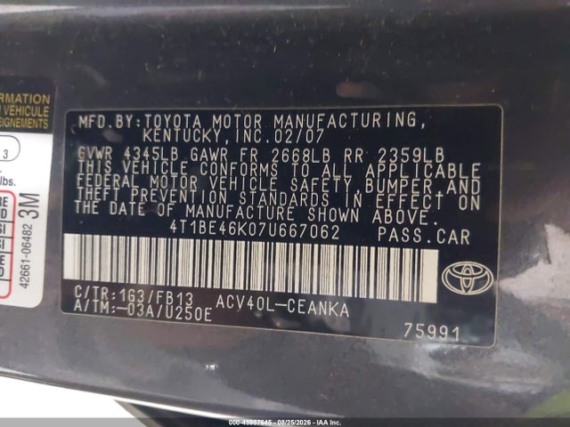 Aukcja sprzedaży 2007 Toyota Camry Le, vin: 4T1BE46K07U667062, numer aukcji: 45957645