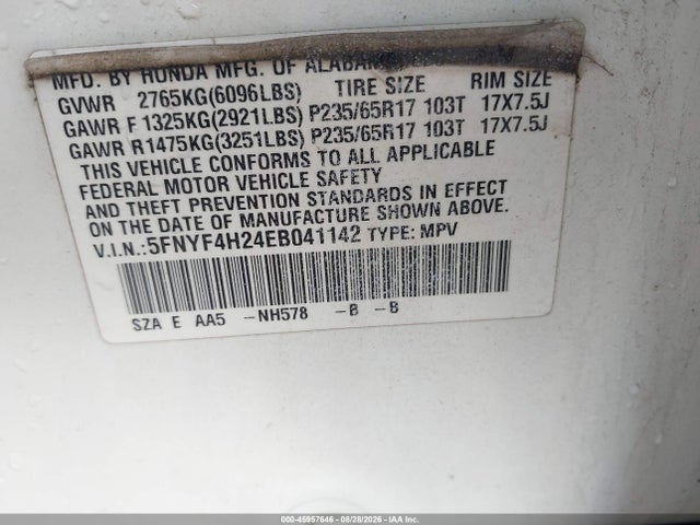 Продаж на аукціоні авто 2014 Honda Pilot Lx, vin: 5FNYF4H24EB041142, номер лоту: 45957646
