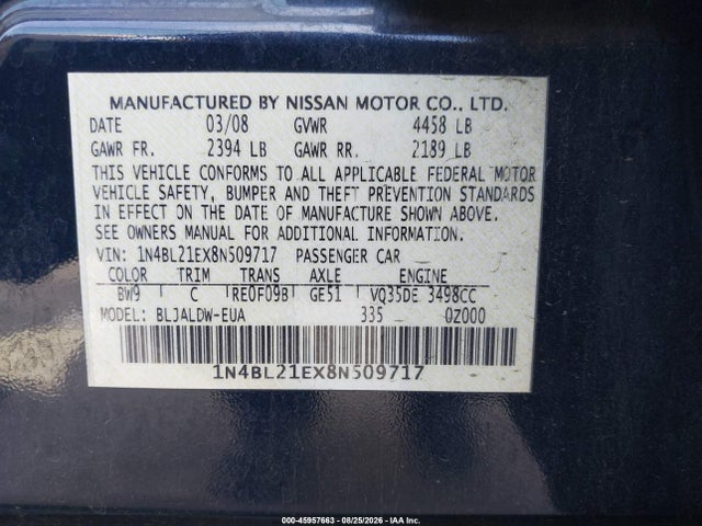 2008 Nissan Altima 3.5 Se მანქანა იყიდება აუქციონზე, vin: 1N4BL21EX8N509717, აუქციონის ნომერი: 45957663