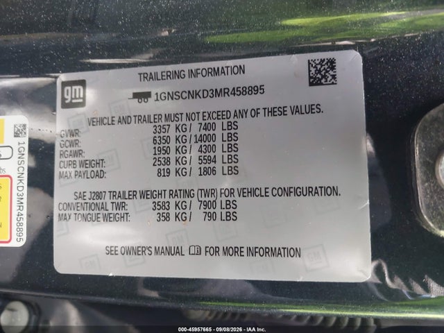 Продажа на аукционе авто 2021 Chevrolet Tahoe 2wd Lt, vin: 1GNSCNKD3MR458895, номер лота: 45957665
