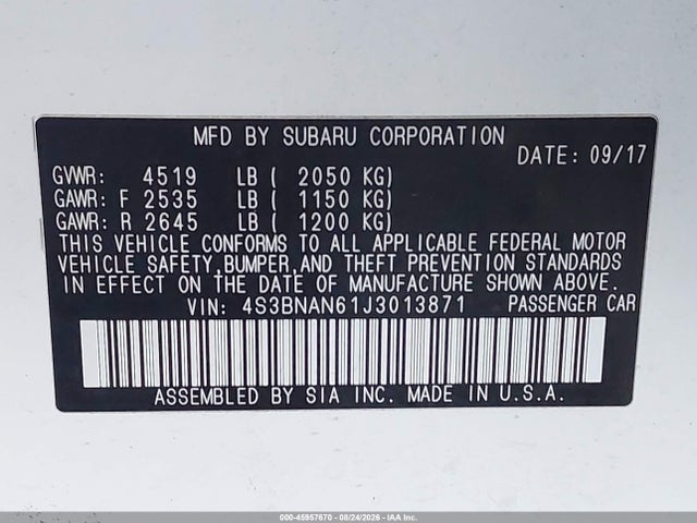 Продаж на аукціоні авто 2018 Subaru Legacy 2.5i Limited, vin: 4S3BNAN61J3013871, номер лоту: 45957670