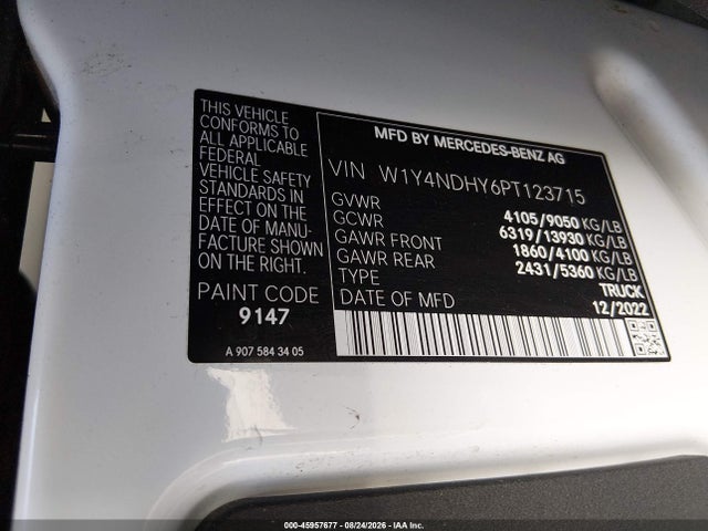 Aukcja sprzedaży 2023 Mercedes-benz Sprinter 2500 High Roof 4-cyl Diesel Ho, vin: W1Y4NDHY6PT123715, numer aukcji: 45957677