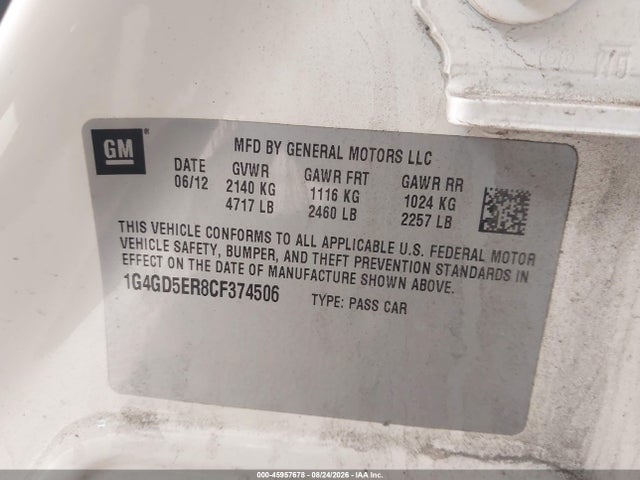 45957678 :رقم المزاد ، 1G4GD5ER8CF374506 vin ، 2012 Buick Lacrosse Premium 1 Group مزاد بيع