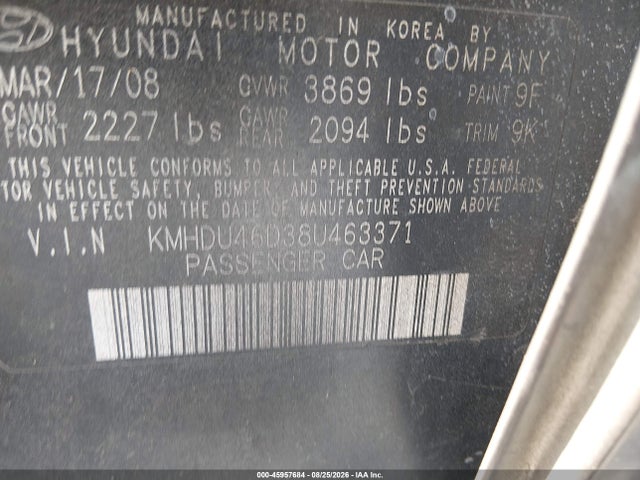Продажа на аукционе авто 2008 Hyundai Elantra Gls/se, vin: KMHDU46D38U463371, номер лота: 45957684
