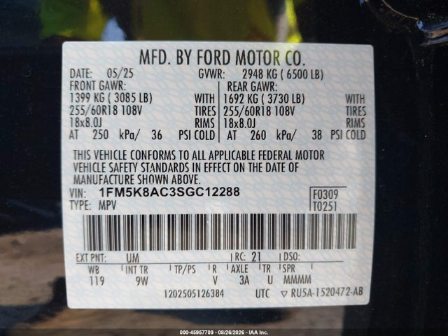 Продажа на аукционе авто 2025 Ford Police Interceptor Utility, vin: 1FM5K8AC3SGC12288, номер лота: 45957709