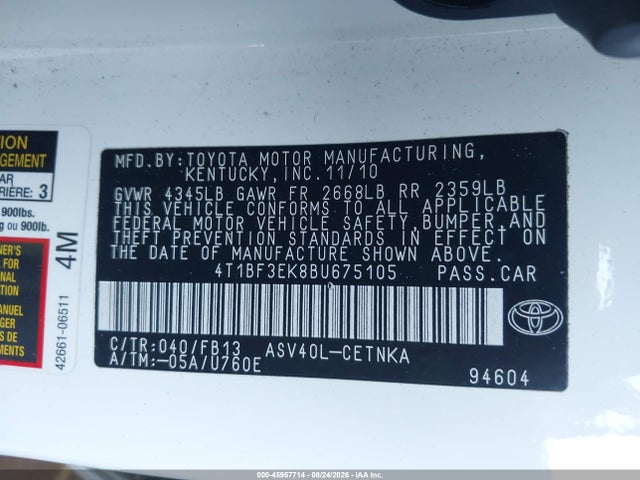 Продажа на аукционе авто 2011 Toyota Camry Le, vin: 4T1BF3EK8BU675105, номер лота: 45957714