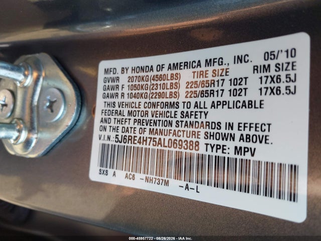 Aukcja sprzedaży 2010 Honda Cr-v Ex-l, vin: 5J6RE4H75AL069388, numer aukcji: 45957722